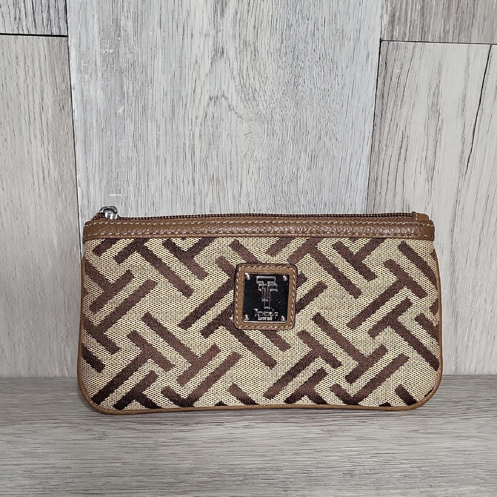 Tignanello Signature Canvas Wristlet Wallet Pouch Zippered Pockets Leather Trim